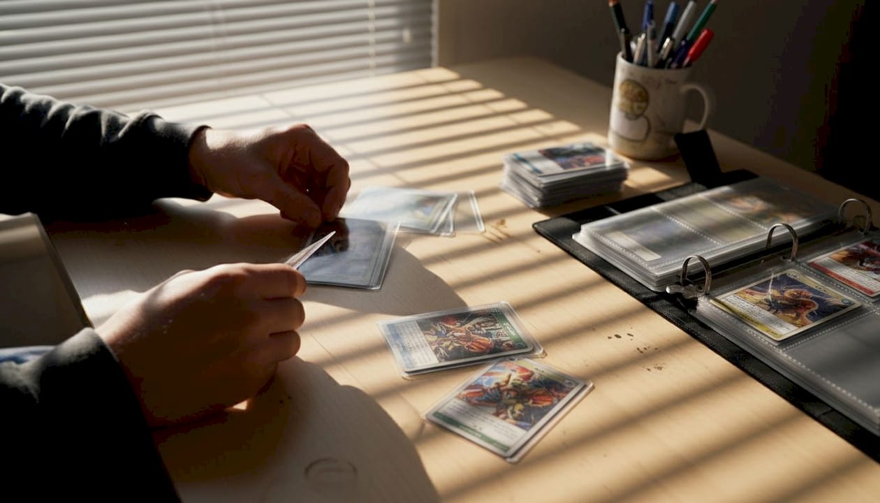 On voit des mains qui glissent des cartes dans des pochettes, posées sur un bureau.