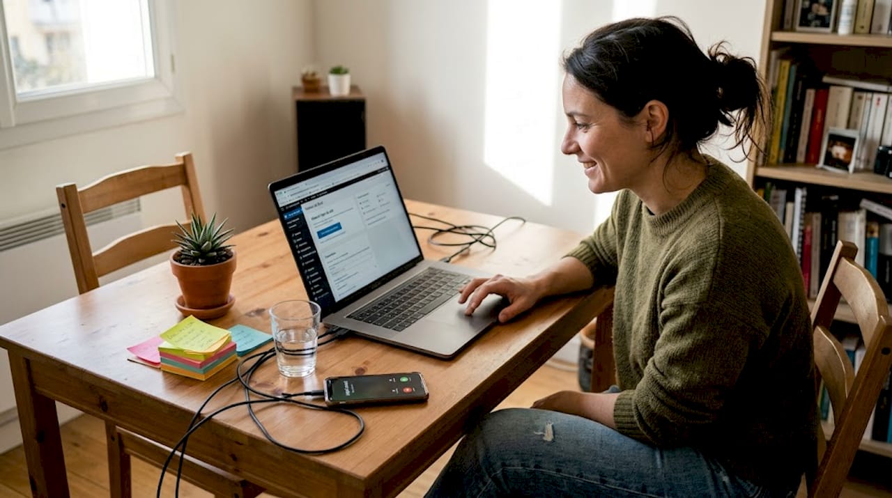 Une entrepreneuse met en ligne le site internet de sa petite entreprise.