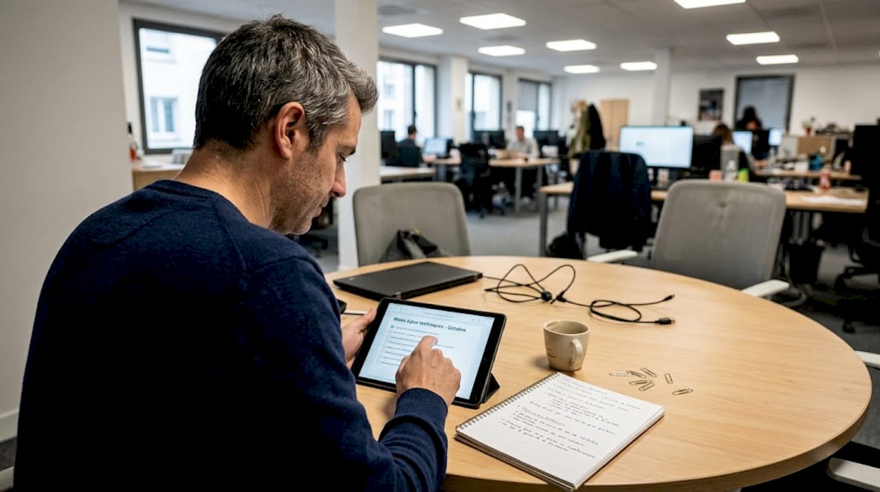 Un homme passe en revue une liste de vérifications techniques dans un espace de coworking.