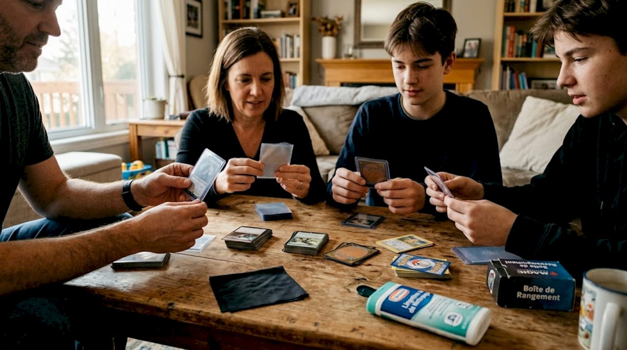Des mains de différentes personnes présentent des pochettes de cartes variées.