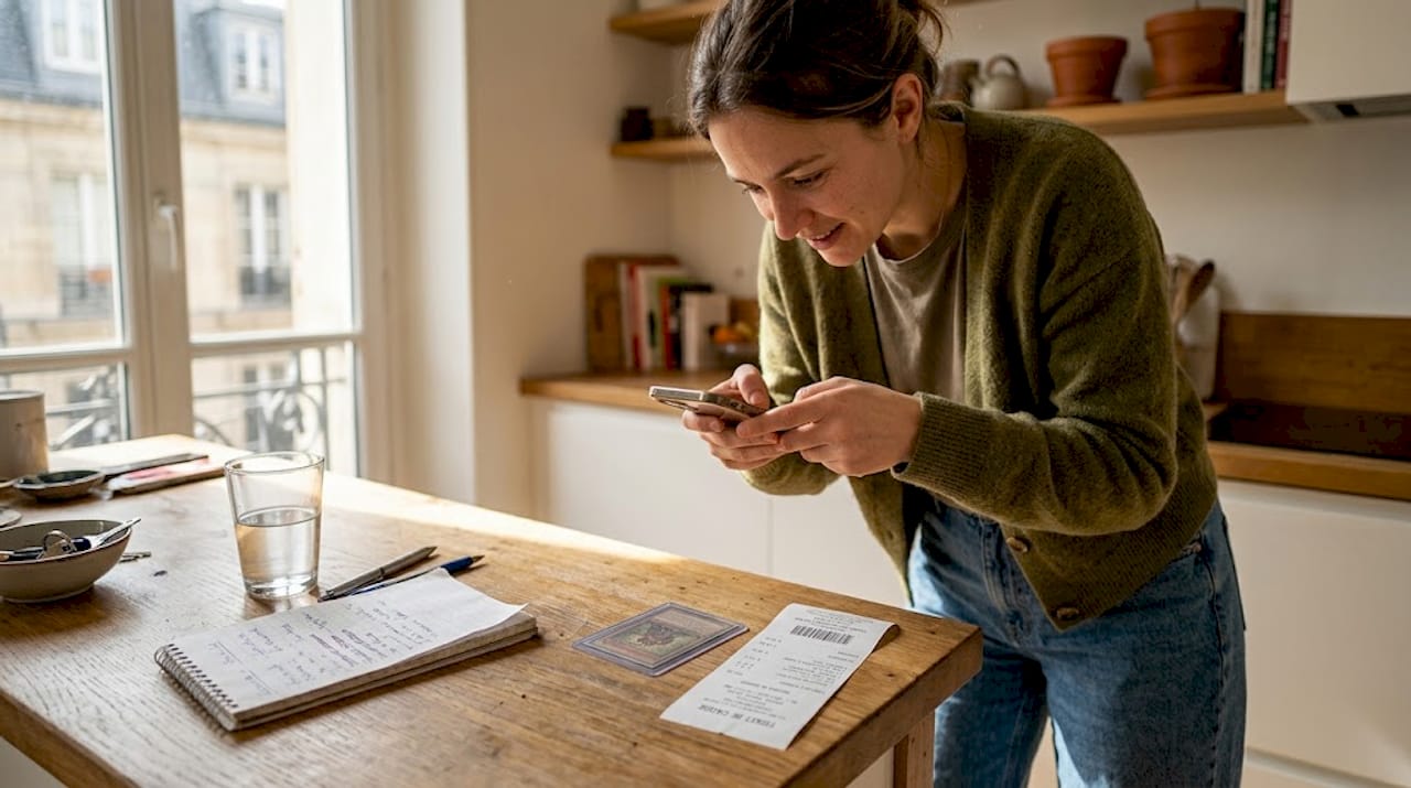 Une femme prend en photo une carte de collection accompagnée de son reçu.