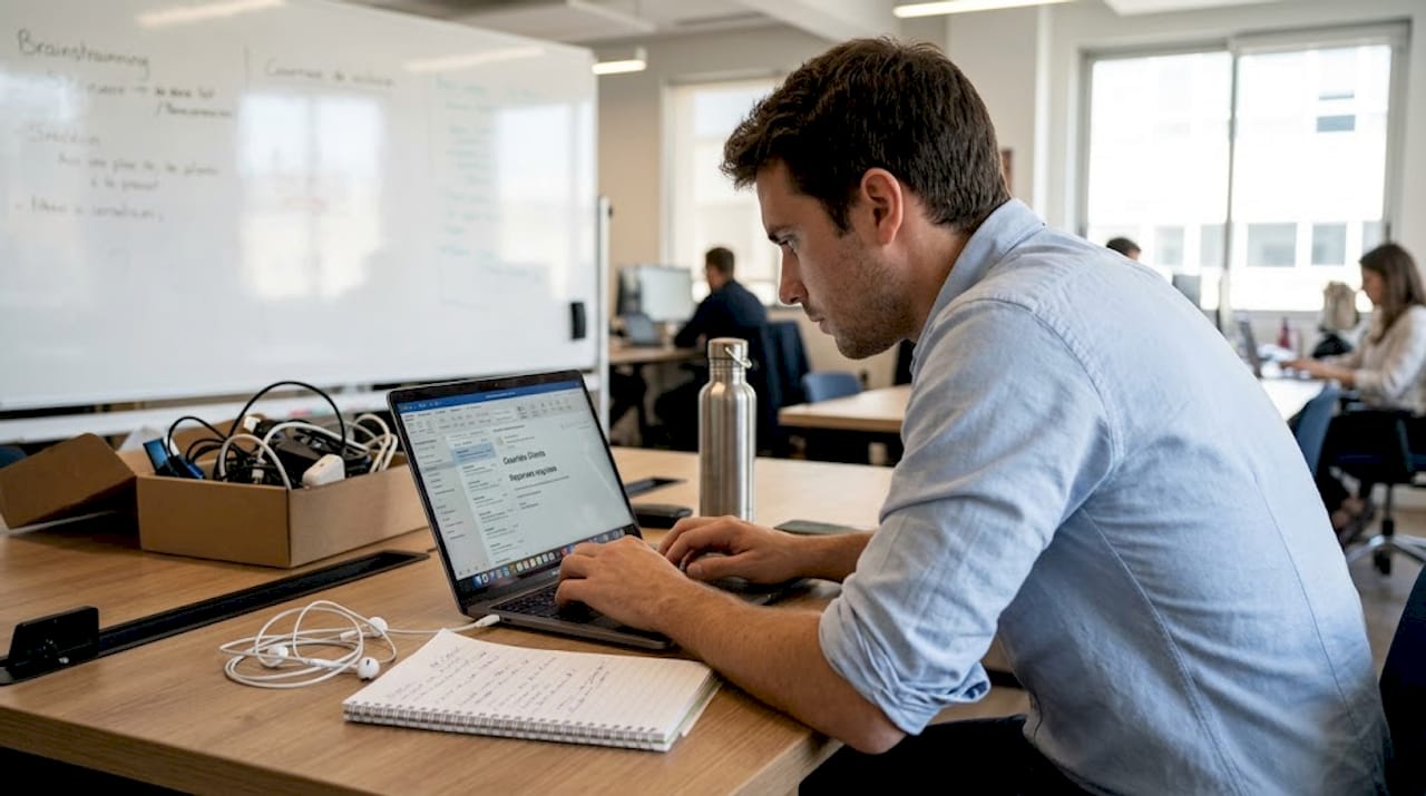 Un homme en plein tri de ses mails clients dans un espace de coworking.