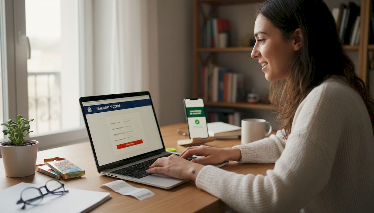 Une femme effectue l'achat de cartes TCG en ligne en toute sécurité.