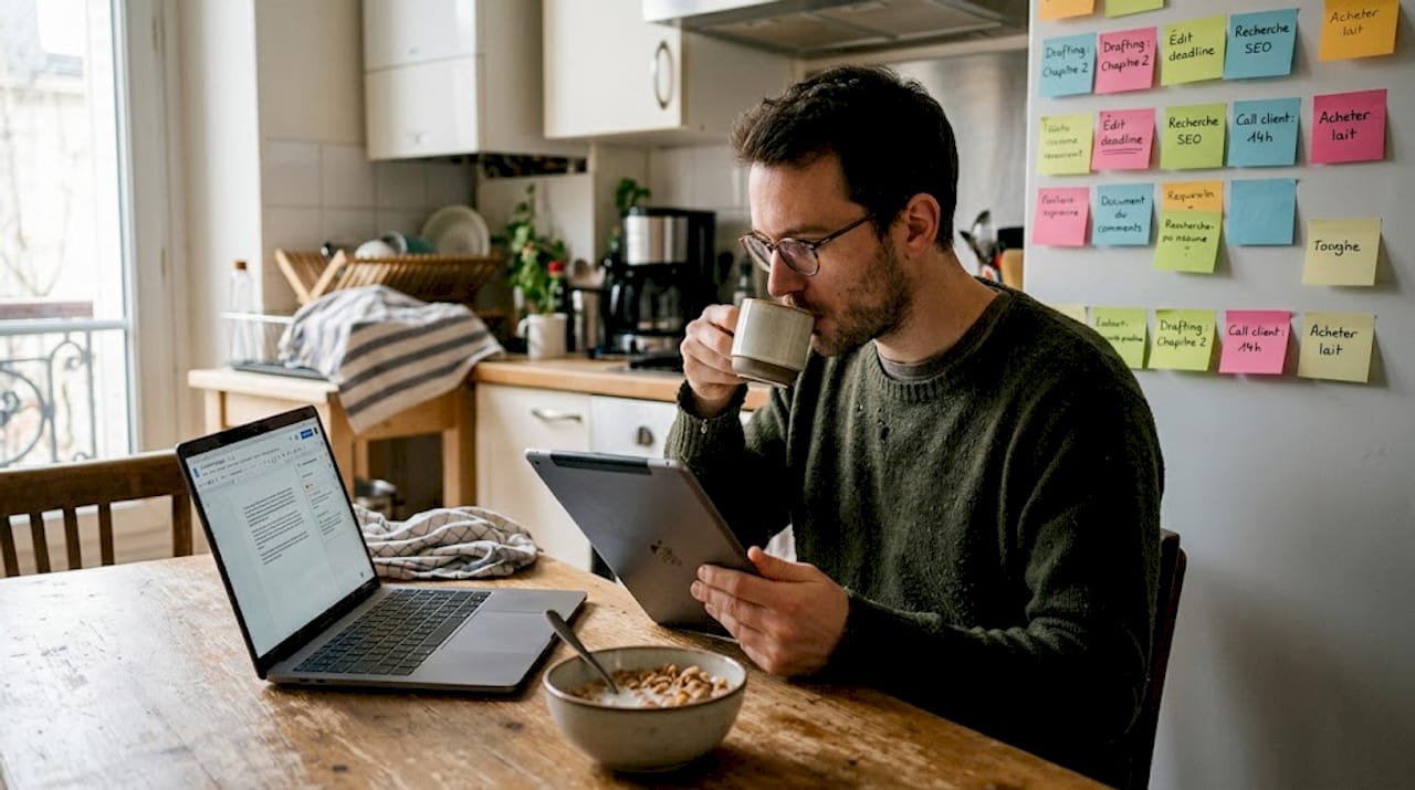 Responsable éditorial en PME en train de relire un document collaboratif