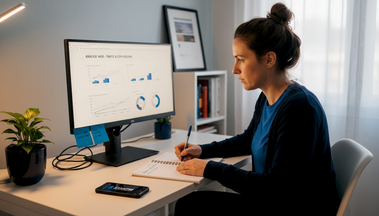 Une femme analyse la performance de son site internet à l’aide d’outils d’audit, installée à son bureau.