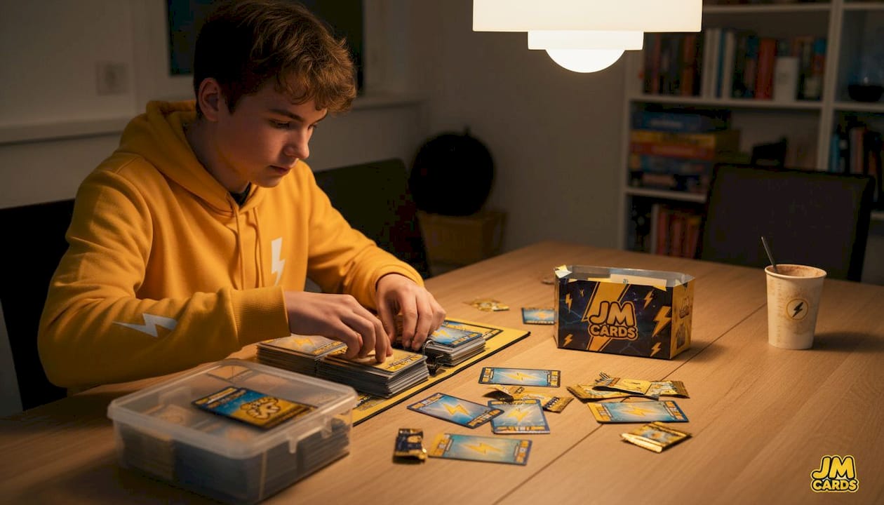 Un adolescent classe soigneusement ses cartes Pokémon dans un classeur, en les rangeant face verso.