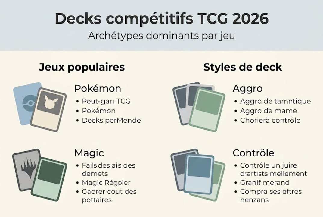 Visuel explicatif sur les différents archétypes et les stratégies de jeu dans les jeux de cartes compétitifs.