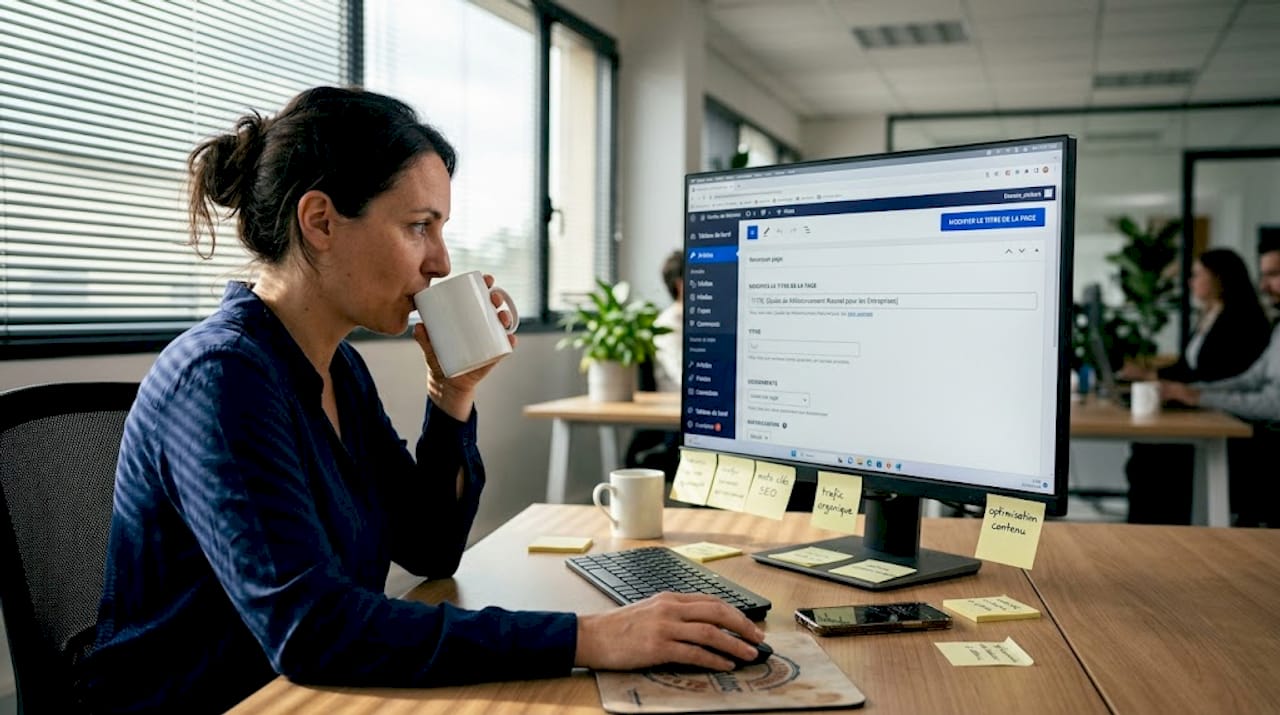Un responsable éditorial modifie le titre d’une page web depuis son ordinateur.