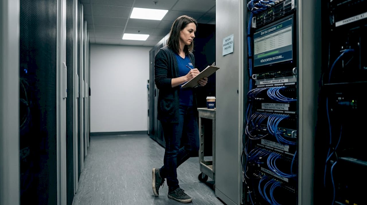 Un spécialiste informatique effectue une vérification de la salle des serveurs sécurisée.