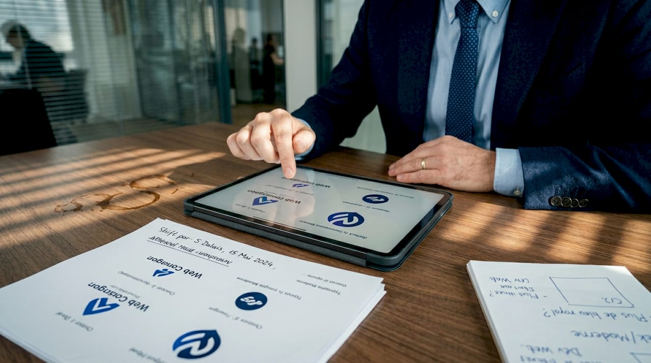 Un responsable examine plusieurs propositions de logos sur sa tablette.