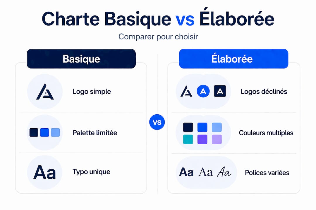Comparatif visuel : charte graphique simple versus charte graphique avancée