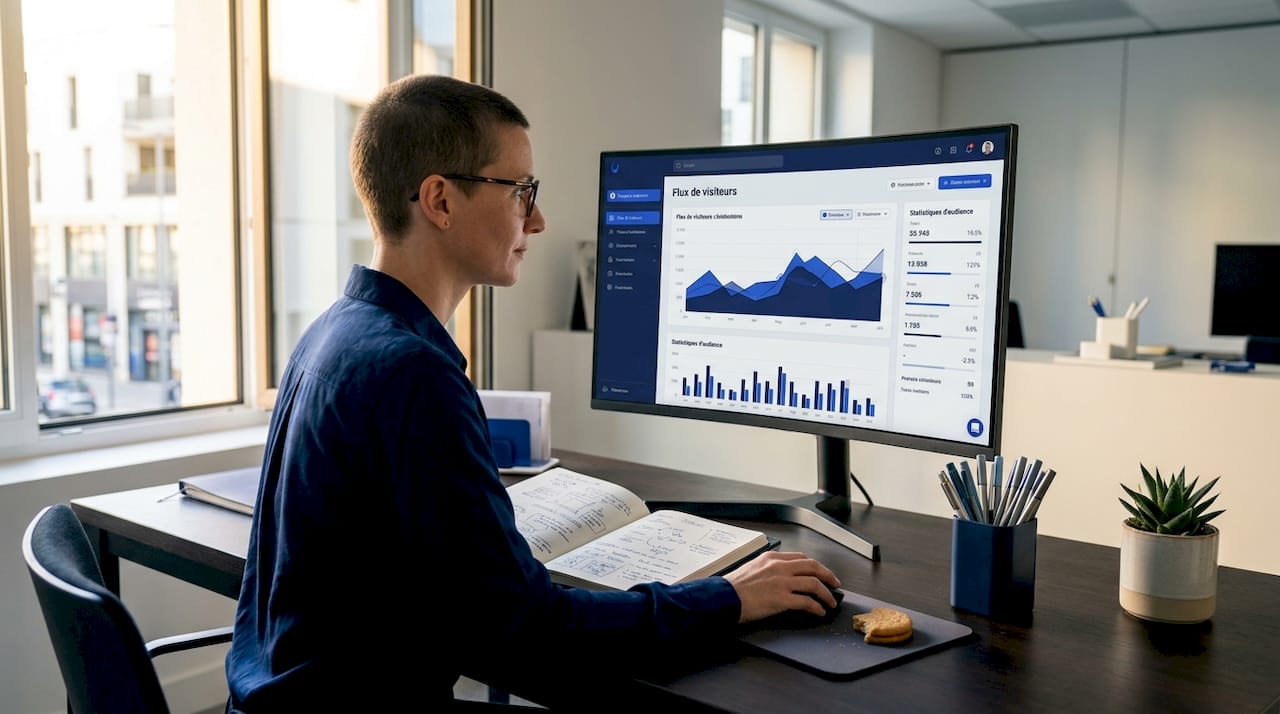 Une collaboratrice d’une PME en train d’étudier les statistiques de fréquentation sur un graphique.