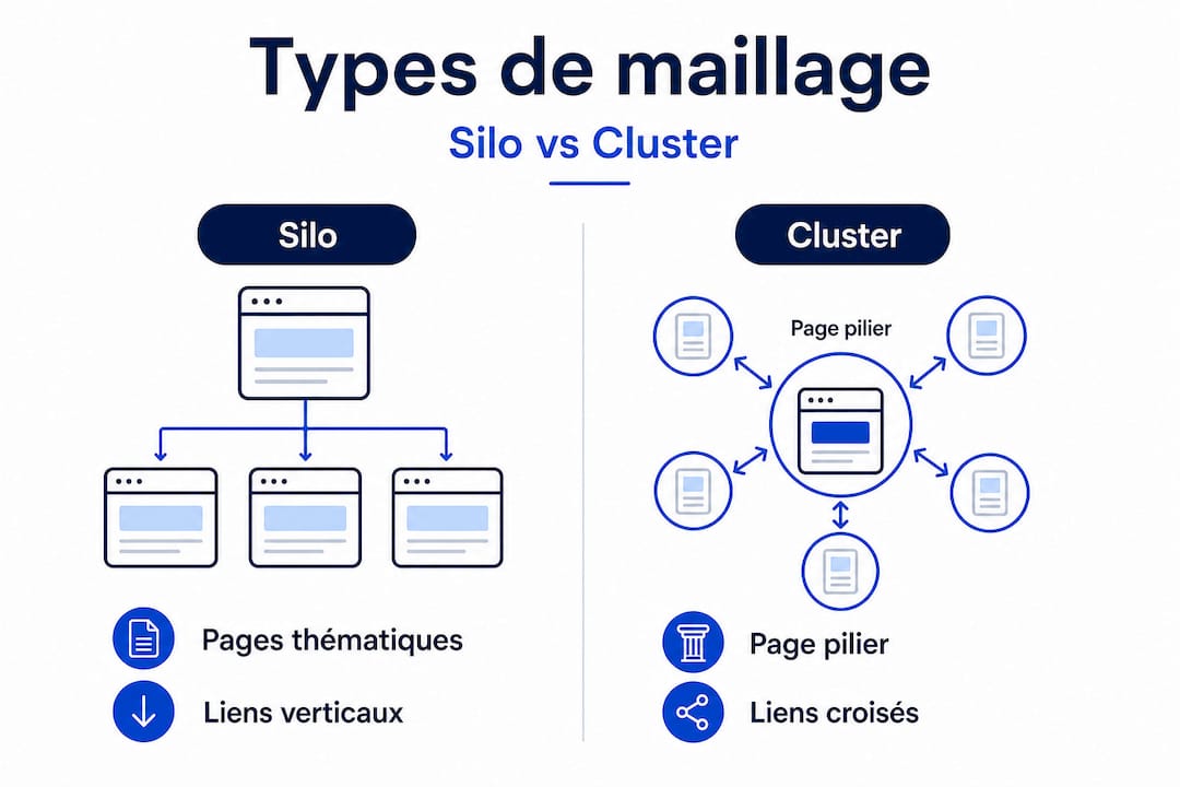 Infographie : différences et points communs entre le maillage en silo et le modèle de cluster