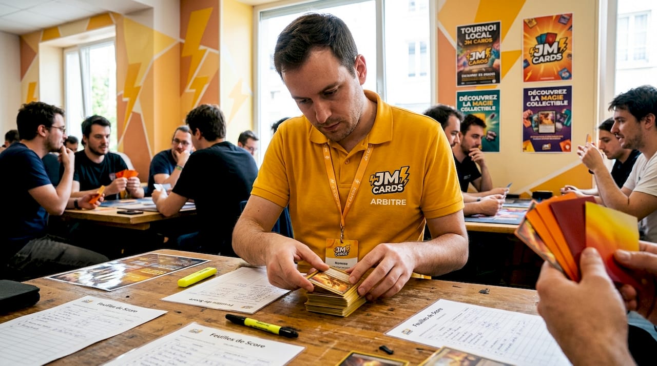 Un arbitre en train de contrôler les cartes des joueurs pendant un tournoi.