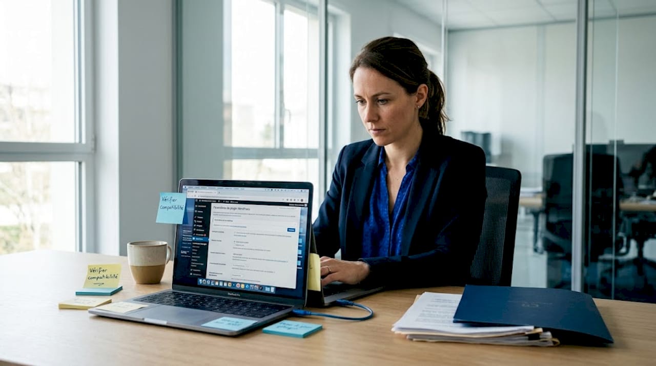 Dans un espace de travail ouvert, une collaboratrice vérifie les problèmes liés aux plugins sur son ordinateur.