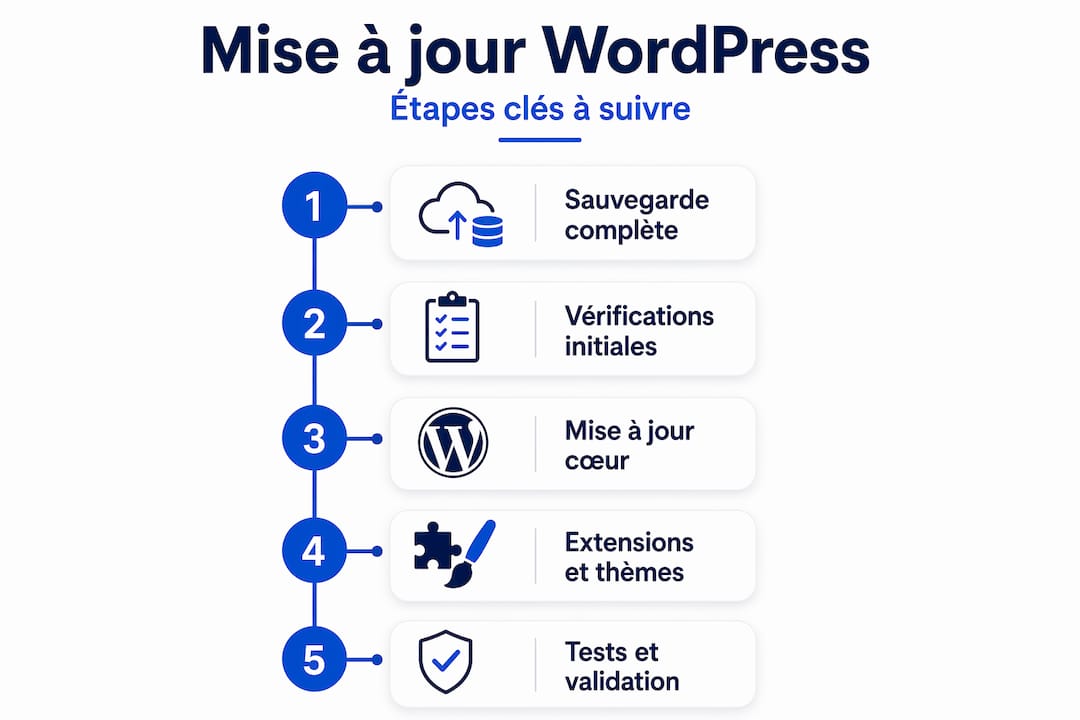 Schéma vertical présentant les différentes étapes pour mettre à jour WordPress