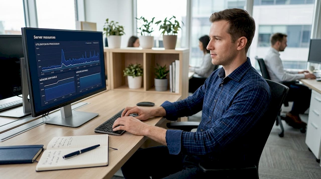 Un technicien supervise l’activité des serveurs dans un espace de coworking.