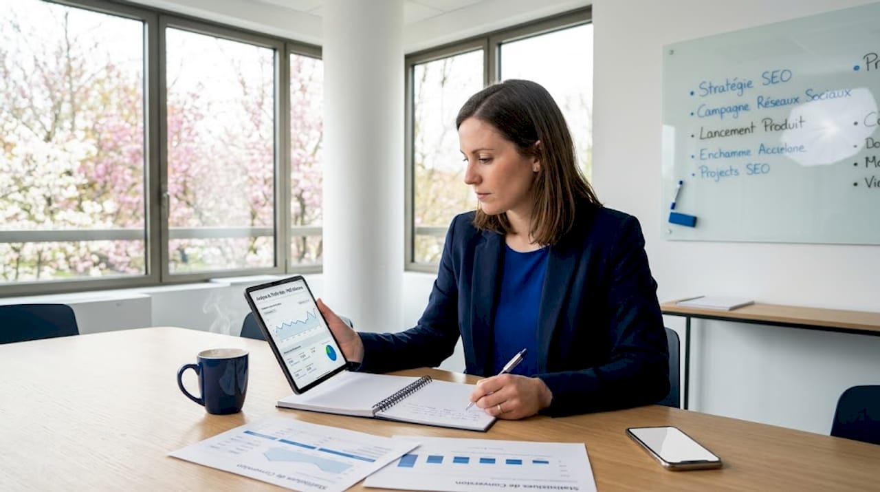 Directrice marketing au sein d'une PME en train d'évaluer l'impact des campagnes de netlinking sur les performances digitales.
