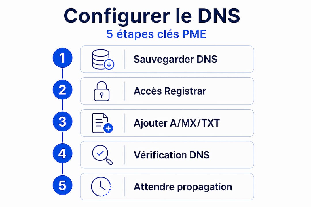 Illustration présentant les 5 étapes clés pour configurer le DNS
