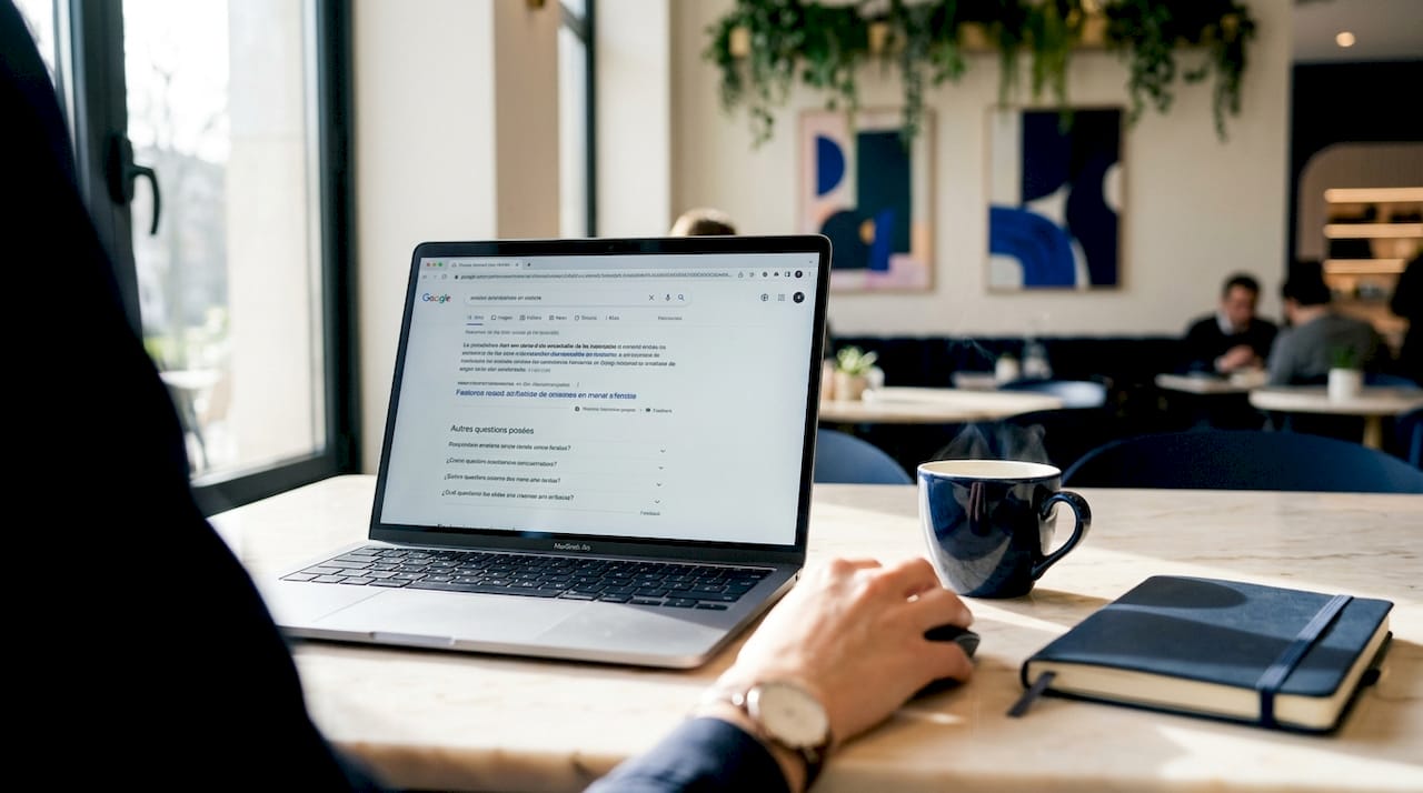 Zoom sur l'écran d'ordinateur portable affichant une analyse des résultats de recherche.