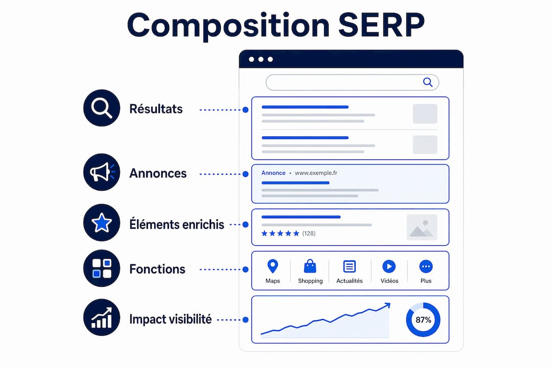 Visuel illustrant les différentes étapes clés qui composent une page de résultats sur les moteurs de recherche.