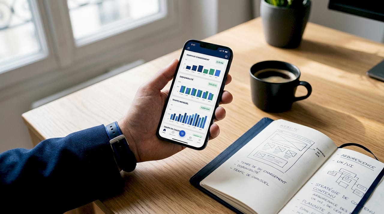 Smartphone affichant les indicateurs de performance du chargement d’un site web