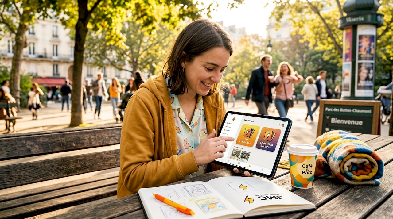 Un client échange des cartes sur sa tablette en terrasse d’un café.