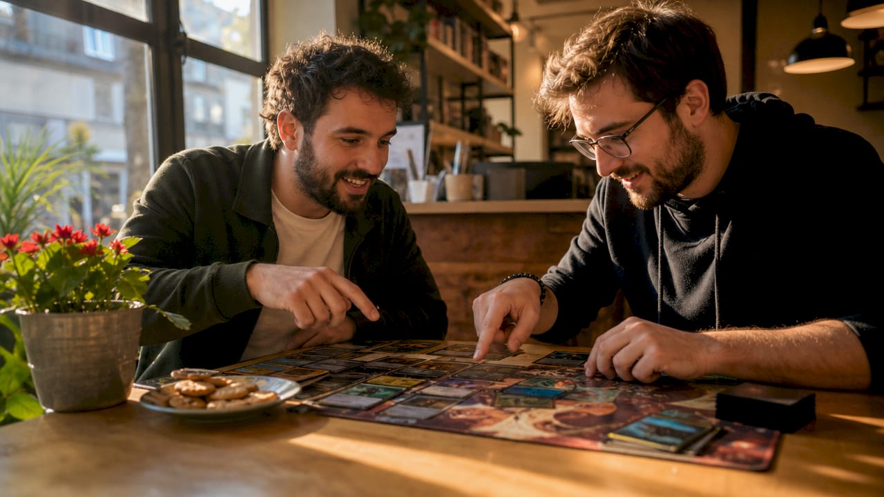 Deux joueurs en pleine discussion sur les meilleures stratégies pour optimiser leur deck Magic.