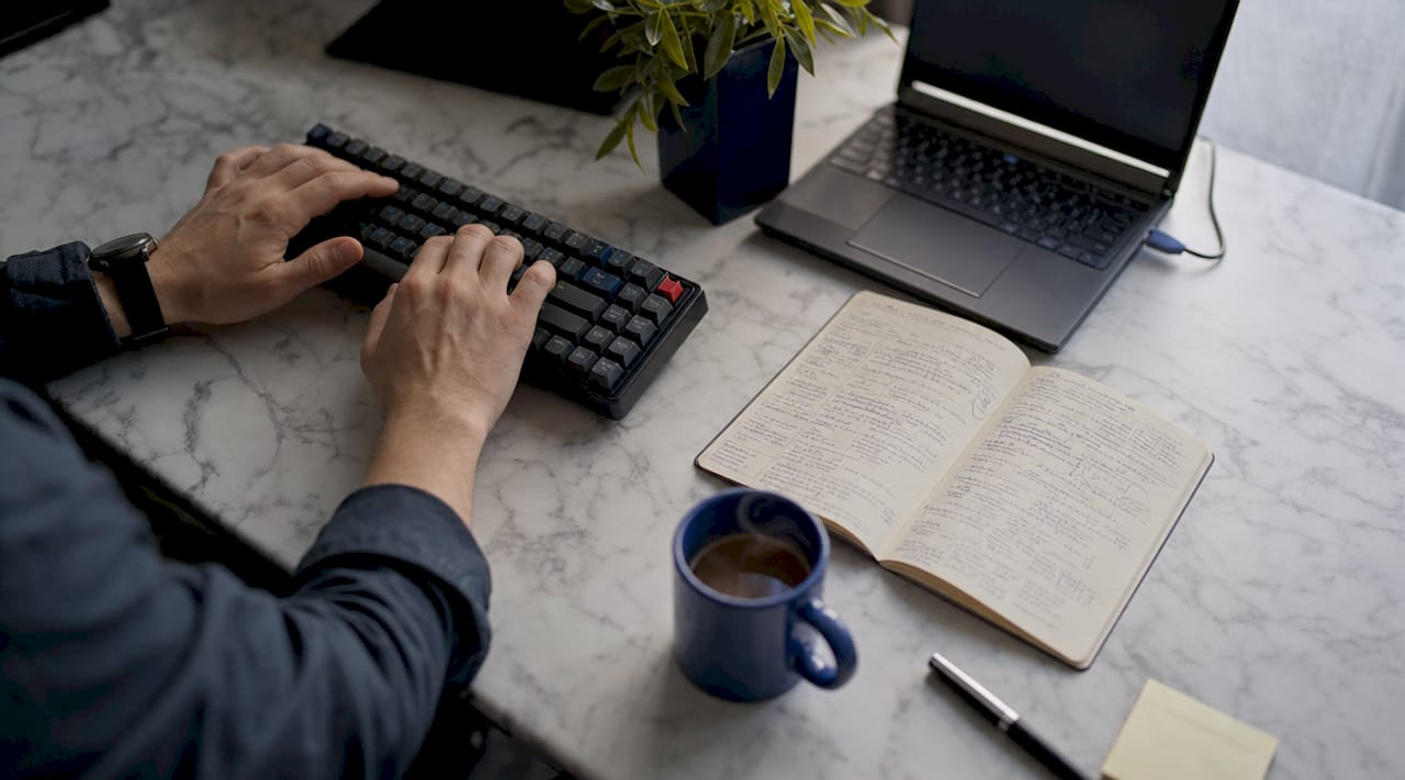 Un développeur prend des notes pour améliorer sa rapidité de frappe au clavier