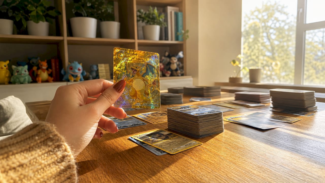Main tenant une carte rare Pokémon sur table