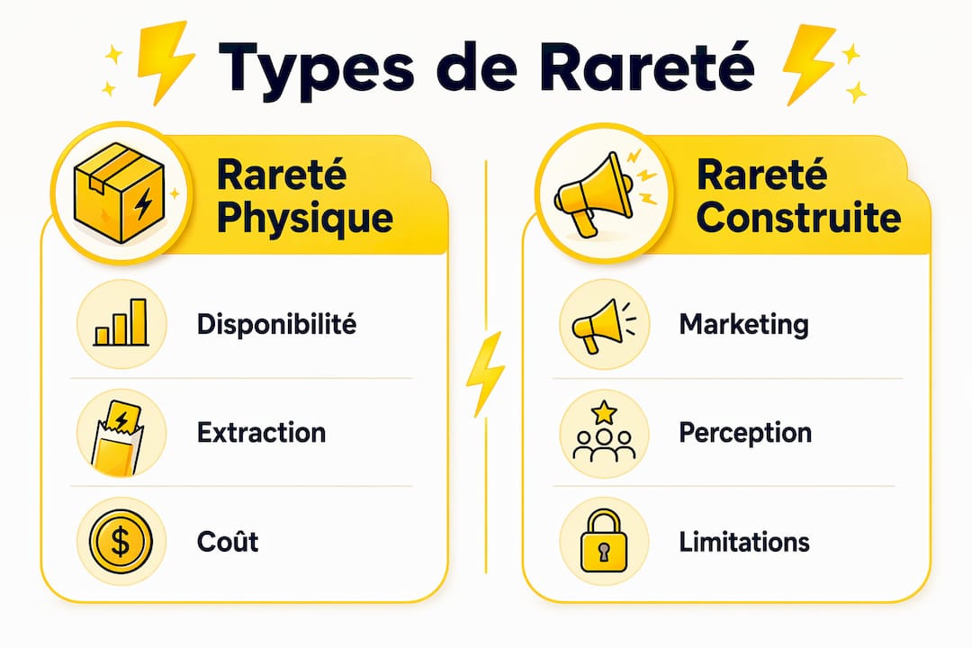 Infographie mettant en parallèle la rareté physique et la rareté créée artificiellement