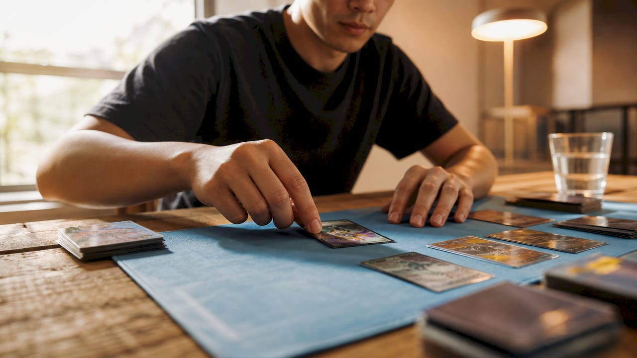 Des mains déposent une carte sur un tapis de jeu vert.