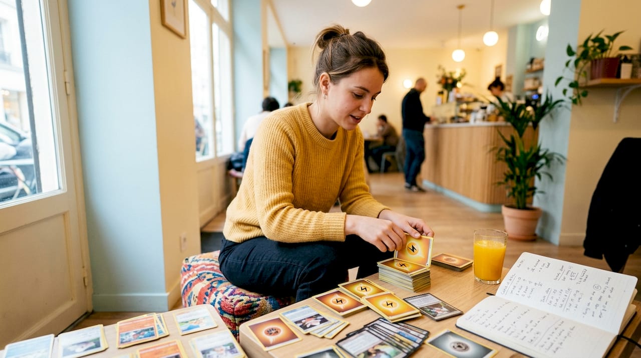 Des mains en train de trier un jeu de cartes toutes identiques