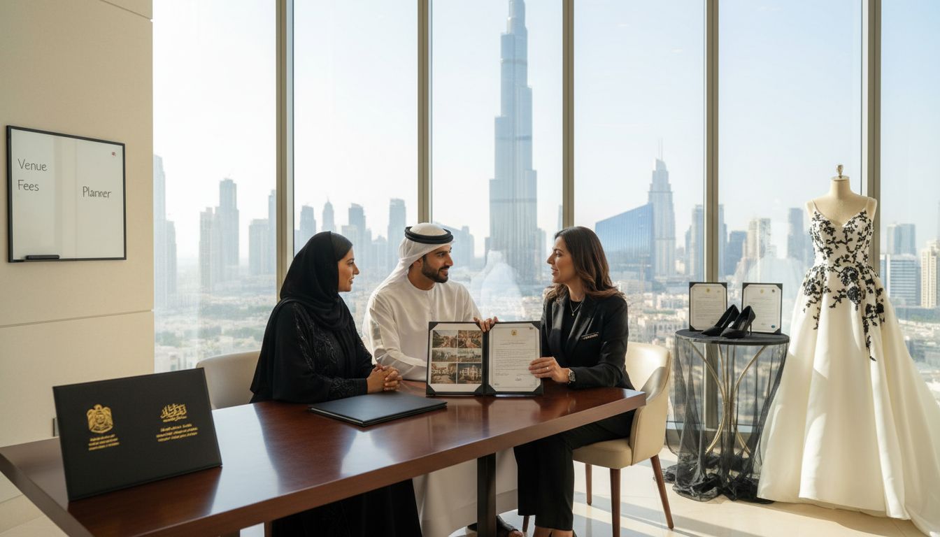 Emirati couple wedding planning with Dubai skyline