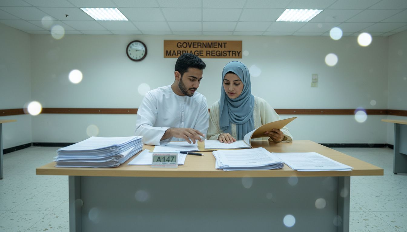 Emirati couple reviewing marriage documents office