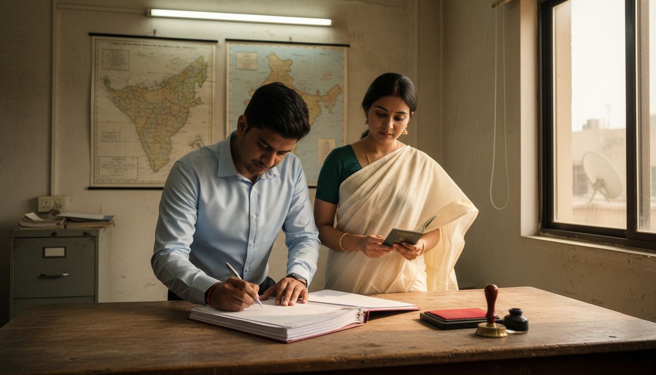 Indian couple signing marriage documents UAE office