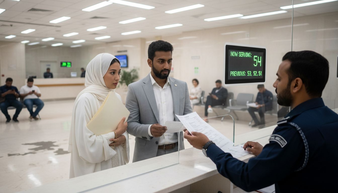 Couple at Abu Dhabi marriage court counter