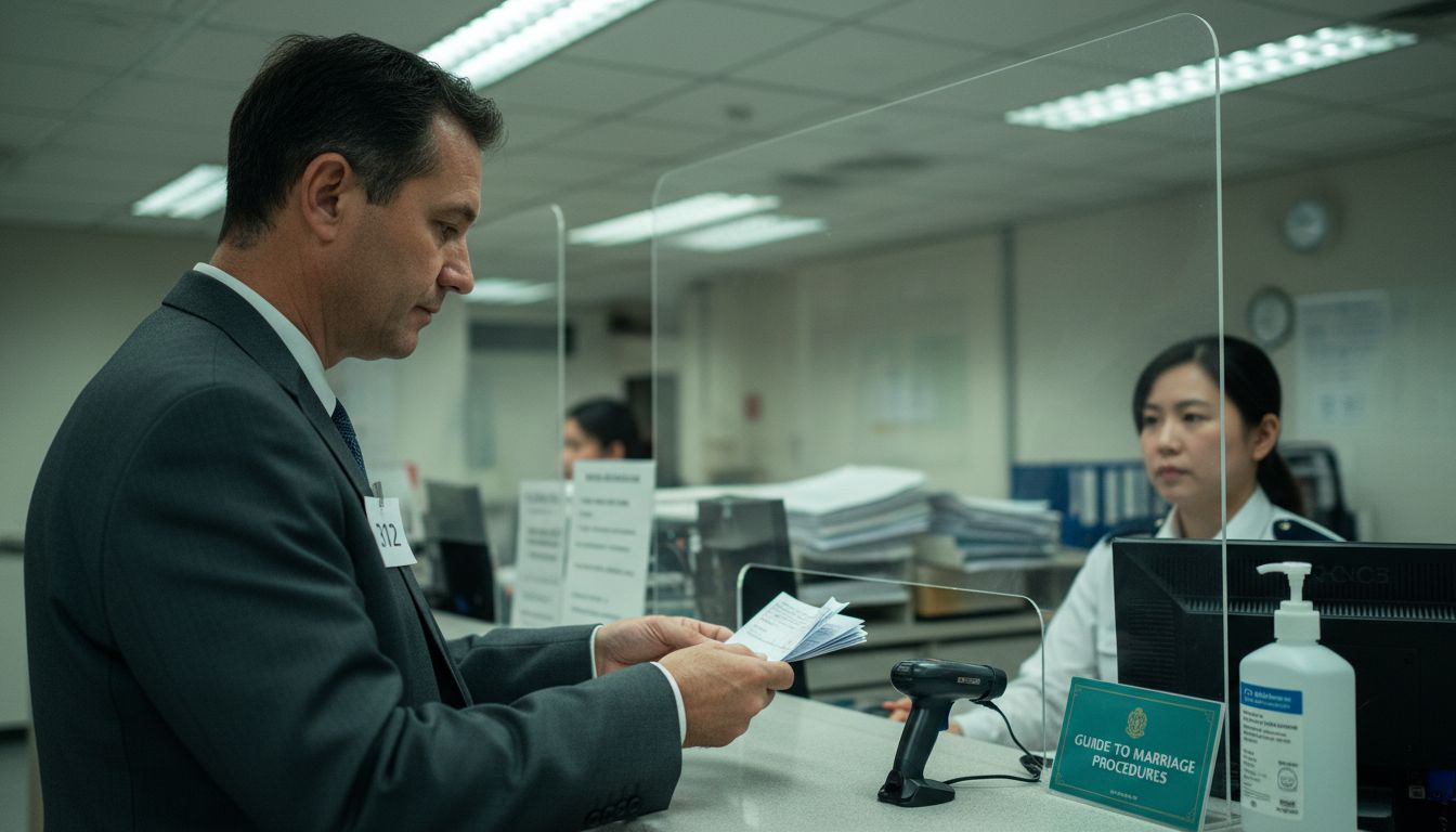 Man submitting marriage documents at UAE office