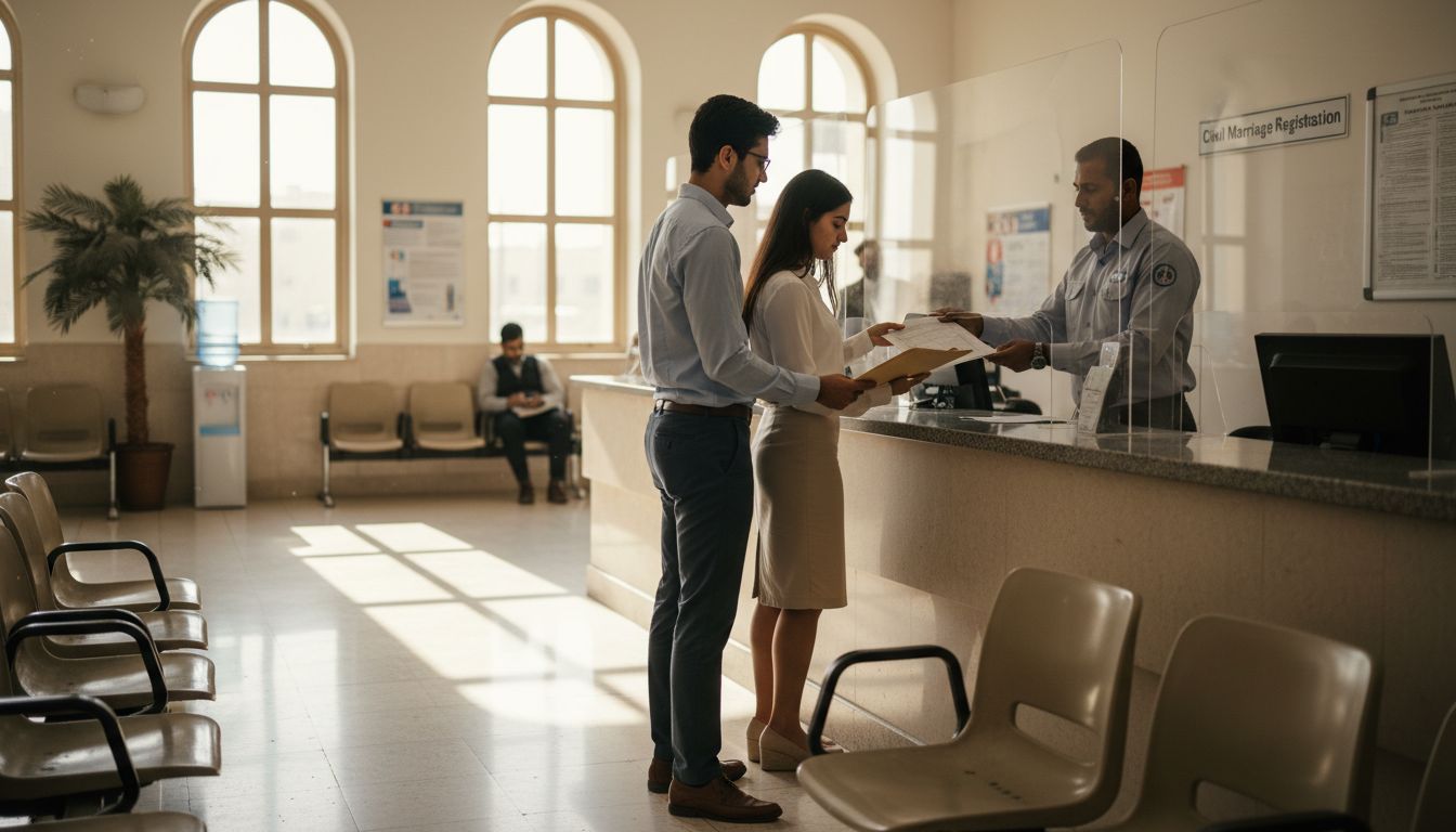 Couple submitting marriage paperwork in UAE