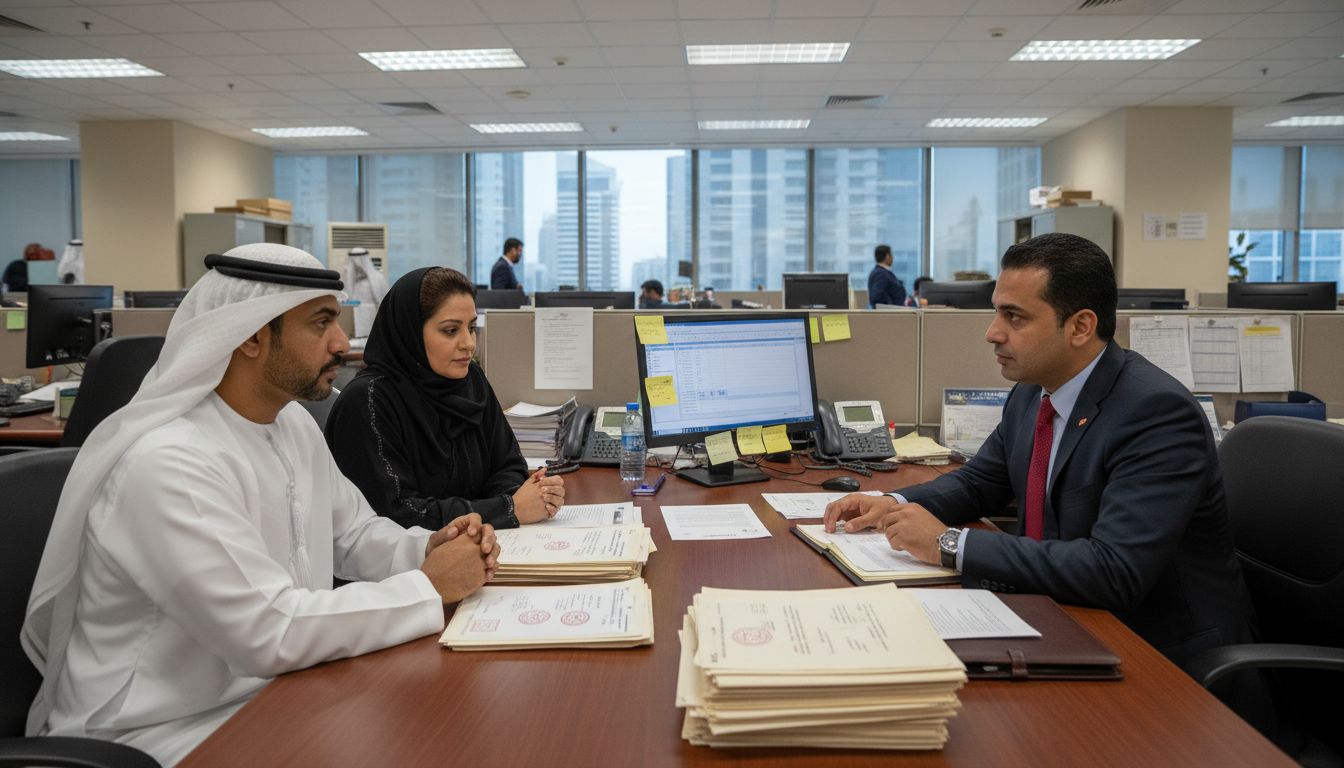 Emirati couple reviews marriage paperwork with consultant