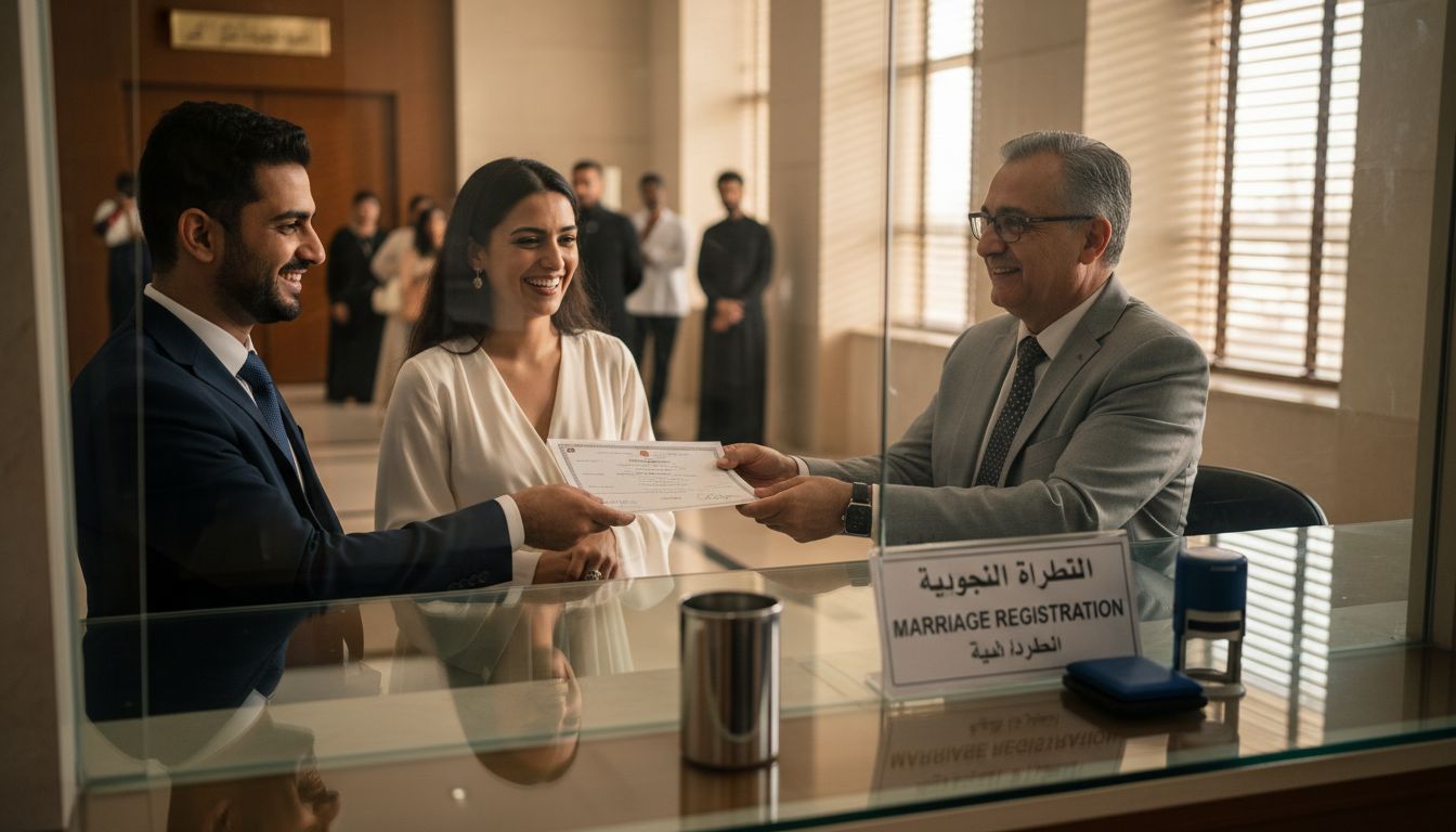 Clerk hands marriage certificate to couple