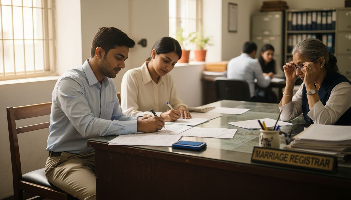 Couple registering marriage at UAE office desk