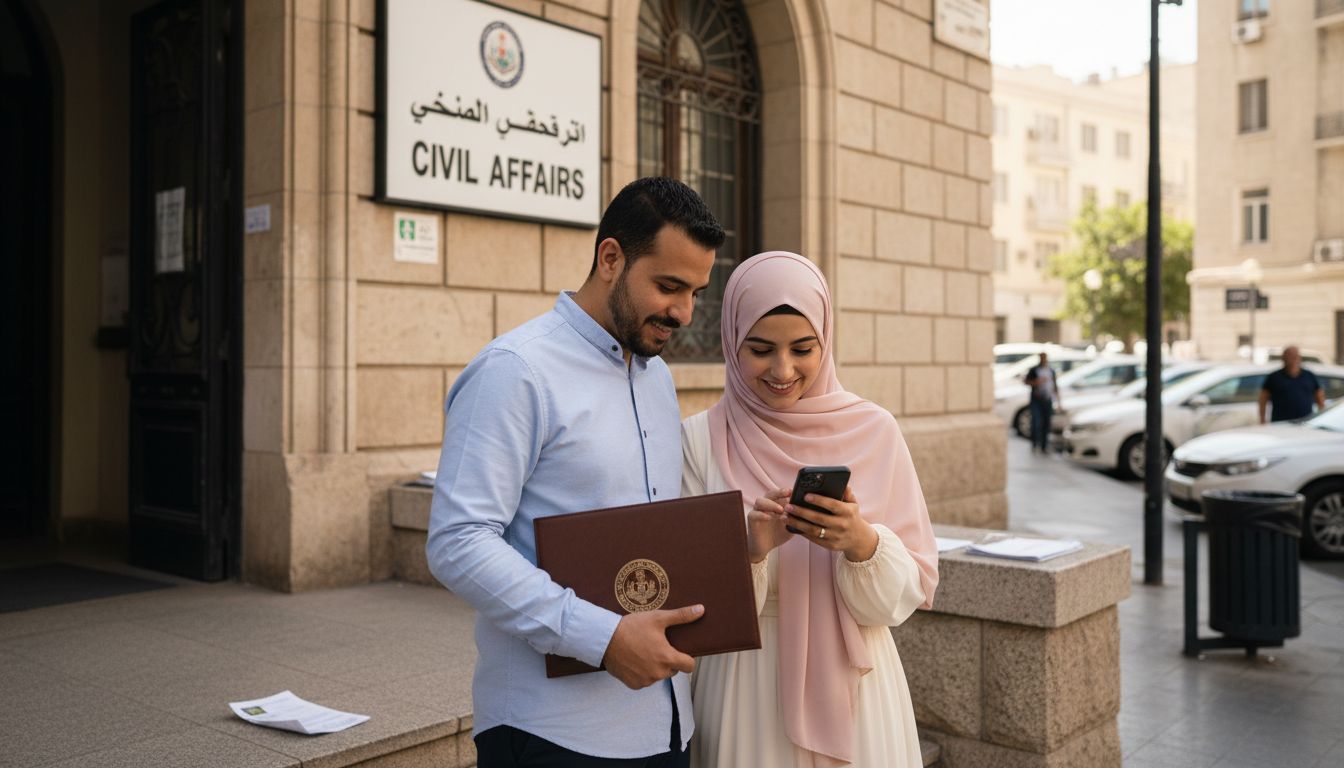 Couple celebrating after receiving marriage certificate
