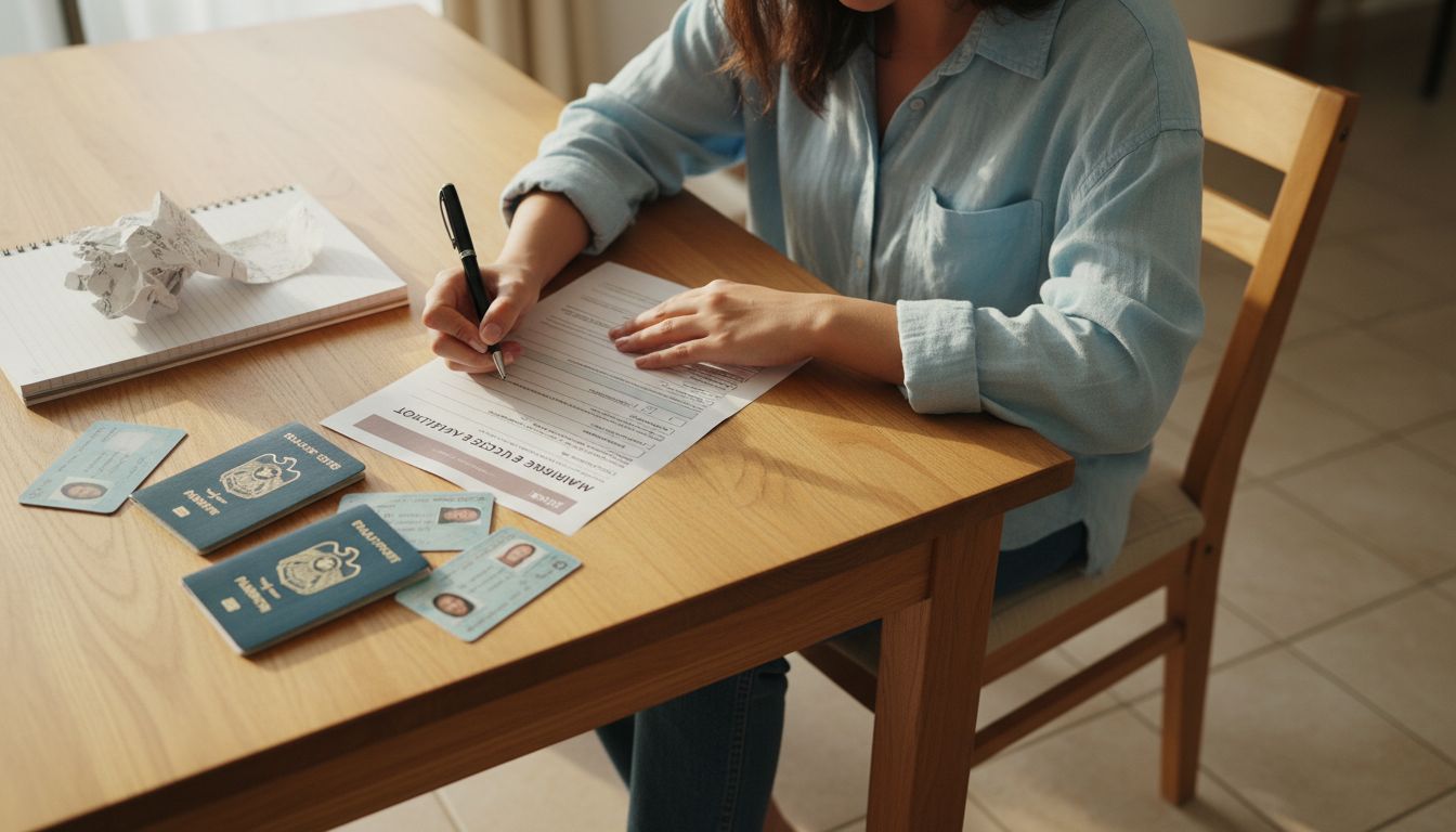 Woman preparing marriage paperwork at table