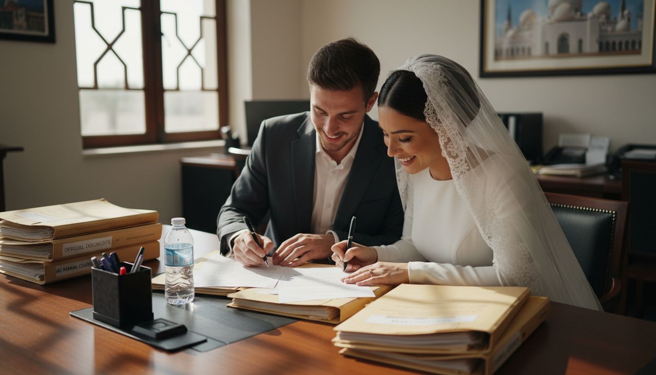 Couple signing marriage contract in UAE office