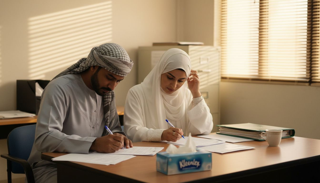 Couple signing papers in Dubai marriage office
