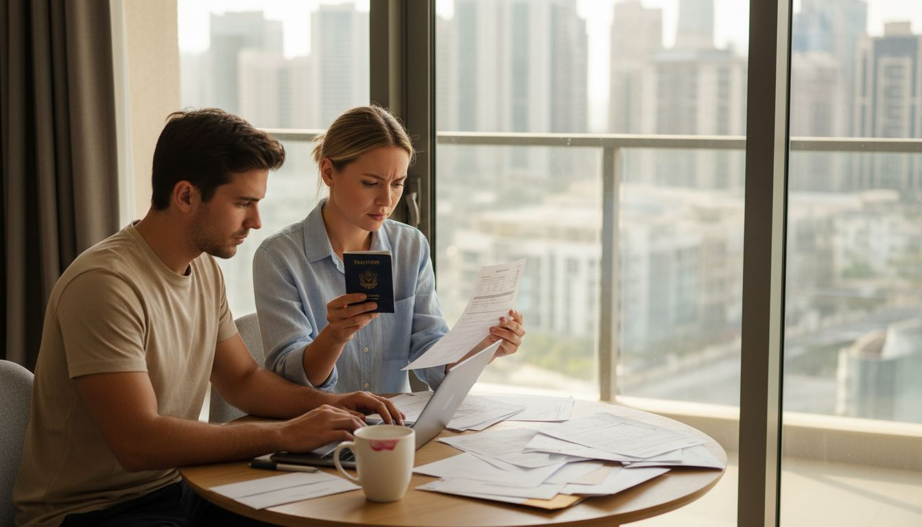 Couple sorting marriage documents at home Dubai