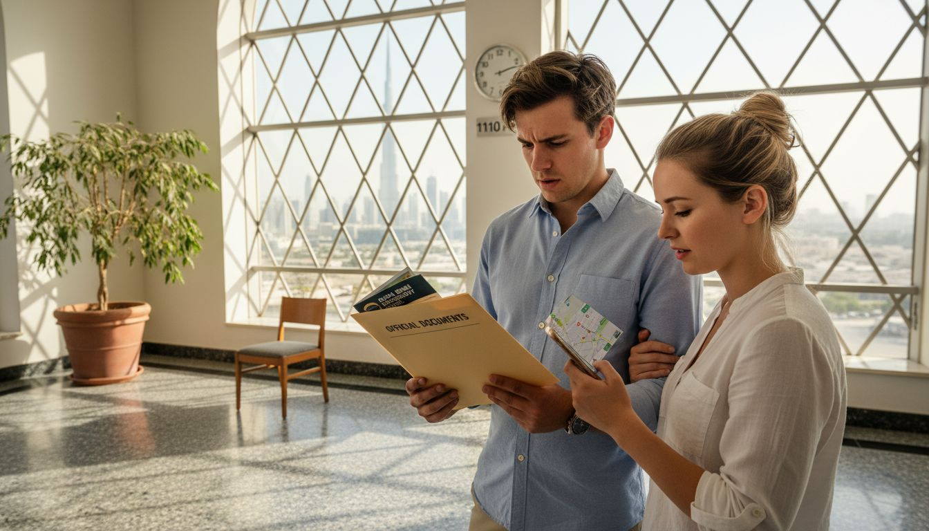 Expat couple preparing marriage documents in UAE embassy