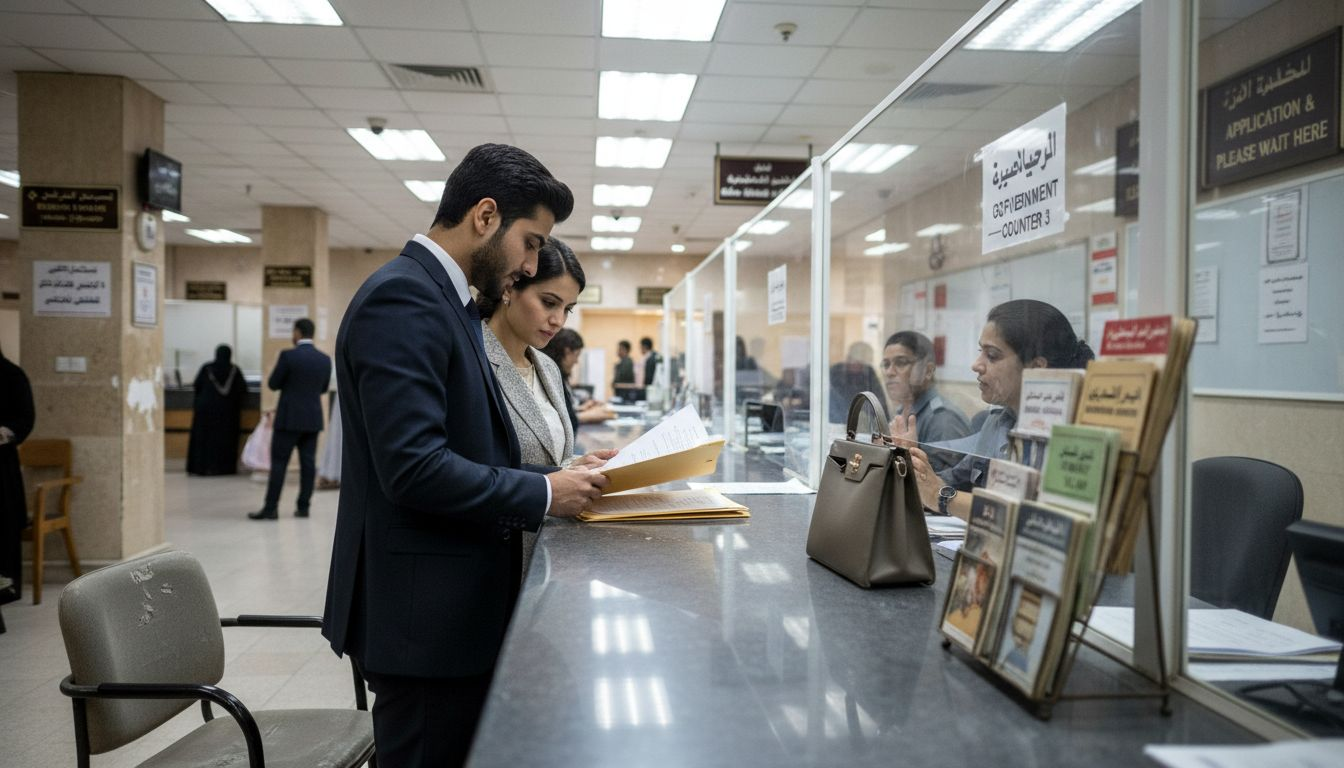 Couple submitting marriage paperwork at UAE courthouse