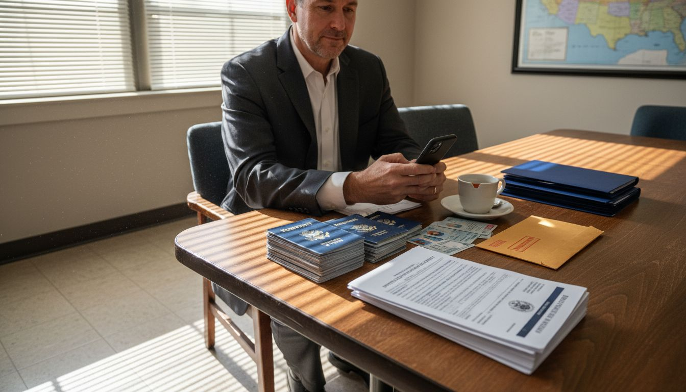 Man organizing documents for UAE marriage meeting